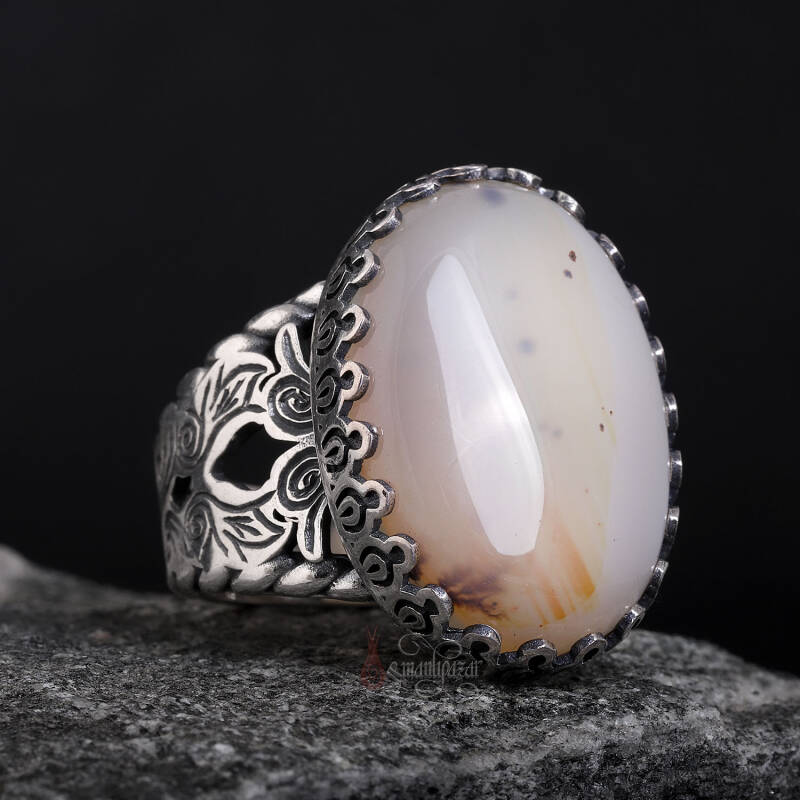 Doğal Hareli Yemen Akik Taşı El İşçiliği Gümüş Yüzük - 1