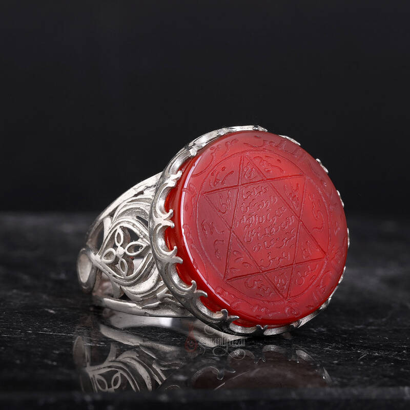 Doğal Kırmızı Akik Taşı Süleyman Mührü 925 Ayar Gümüş Yüzük - 3