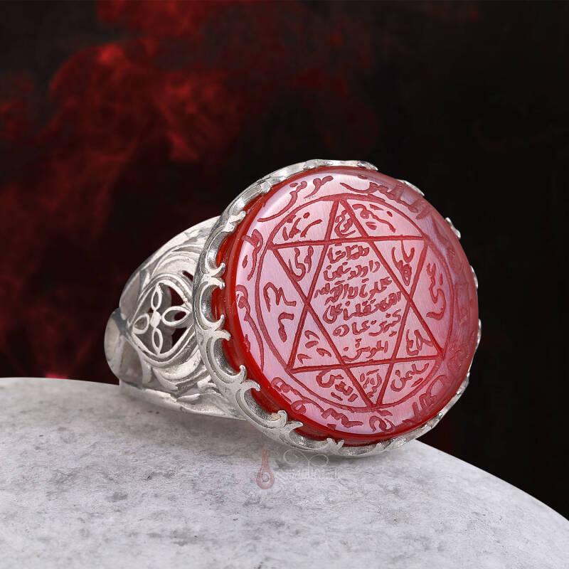 Doğal Kırmızı Akik Taşı Süleyman Mührü 925 Ayar Gümüş Yüzük - 2