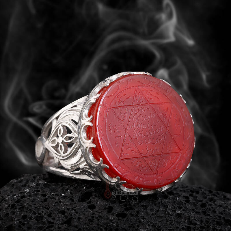 Doğal Kırmızı Akik Taşı Süleyman Mührü 925 Ayar Gümüş Yüzük - 5