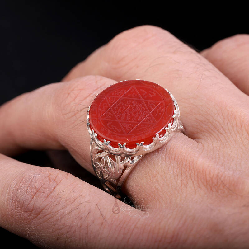 Doğal Kırmızı Akik Taşı Süleyman Mührü 925 Ayar Gümüş Yüzük - 6