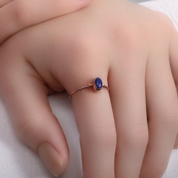 Doğal Lapis Lazuli Taşı 925 Ayar Gümüş Rose Kaplama Minimal Yüzük - Thumbnail