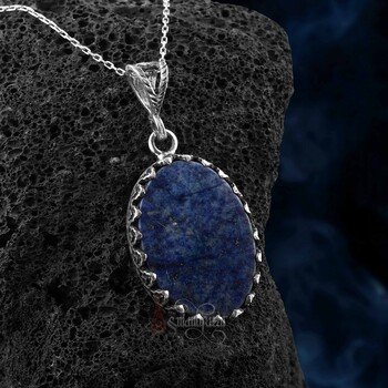 Doğal Lapis Lazuli Taşı Özel İşçilikli Unisex Kolye - Thumbnail
