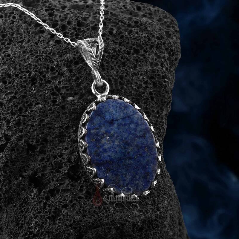 Doğal Lapis Lazuli Taşı Özel İşçilikli Unisex Kolye