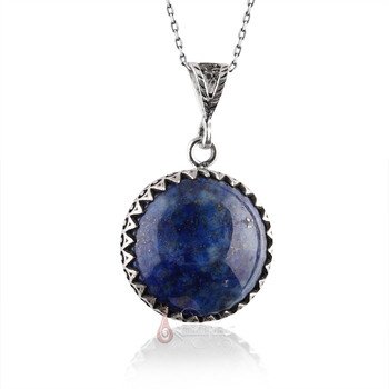 Doğal Lapis Lazuli Taşı Yuvarlak Kesim 925 Ayar Gümüş Zikzak İşlemeli Kolye - Thumbnail