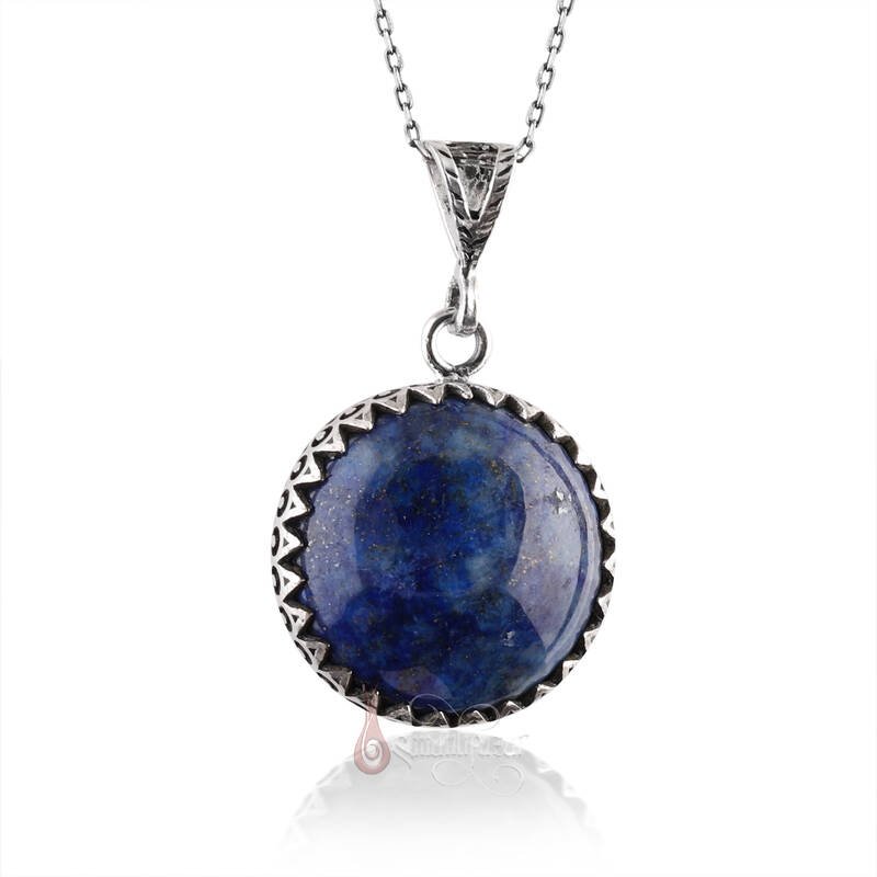 Doğal Lapis Lazuli Taşı Yuvarlak Kesim 925 Ayar Gümüş Zikzak İşlemeli Kolye