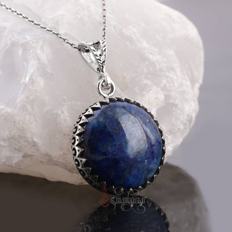 Doğal Lapis Lazuli Taşı Yuvarlak Kesim 925 Ayar Gümüş Zikzak İşlemeli Kolye