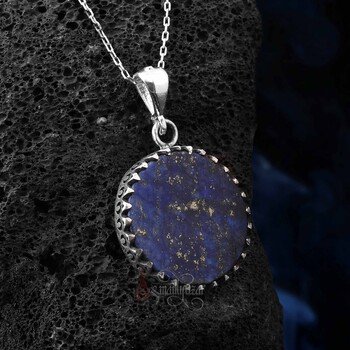 Doğal Lapis Lazuli Taşı Yuvarlak Model 925 Ayar Gümüş İşçilikli Kolye - Thumbnail