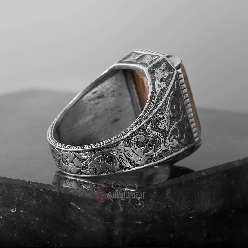 Doğal Rutil Kuvars Taşı Tamamı El Yapımı Kalem İşçiliği Gümüş Yüzük - 7