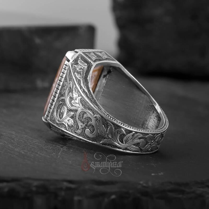 Doğal Rutil Kuvars Taşı Tamamı El Yapımı Kalem İşçiliği Gümüş Yüzük - 3