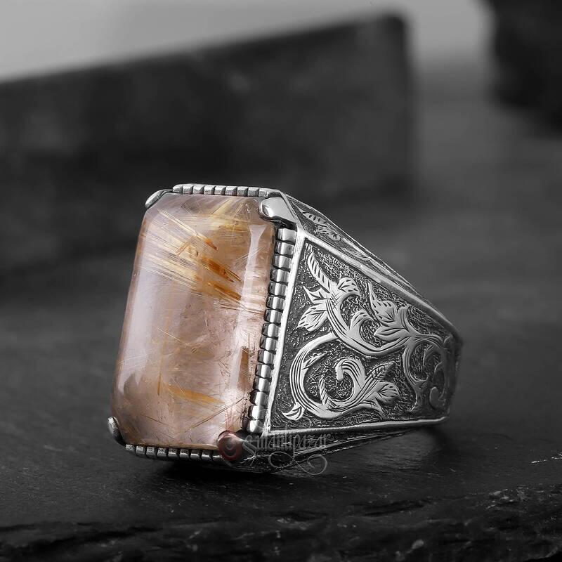 Doğal Rutil Kuvars Taşı Tamamı El Yapımı Kalem İşçiliği Gümüş Yüzük - 2