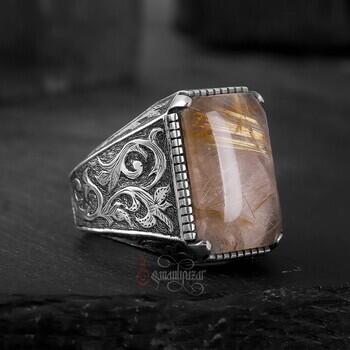 Doğal Rutil Kuvars Taşı Tamamı El Yapımı Kalem İşçiliği Gümüş Yüzük - 1