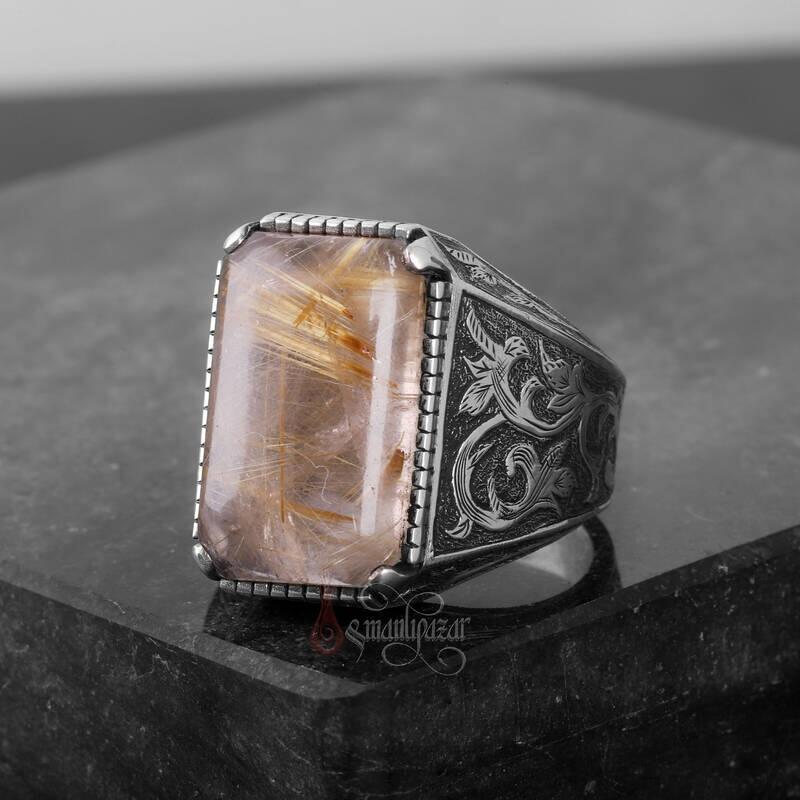 Doğal Rutil Kuvars Taşı Tamamı El Yapımı Kalem İşçiliği Gümüş Yüzük - 5