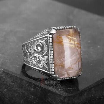 Doğal Rutil Kuvars Taşı Tamamı El Yapımı Kalem İşçiliği Gümüş Yüzük - 4