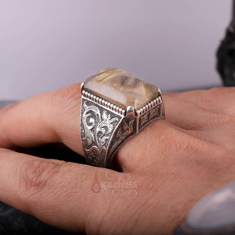 Doğal Rutil Kuvars Taşı Tamamı El Yapımı Kalem İşçiliği Gümüş Yüzük - 6