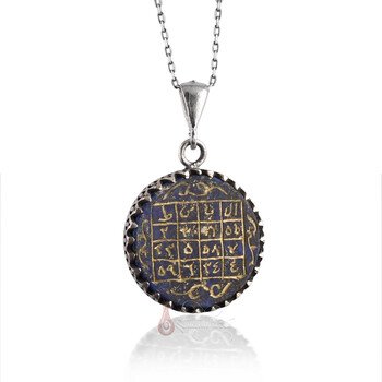 El Basit Vefki Yazılı Lapis Lazuli Doğal Taşlı Gümüş Kolye - Thumbnail