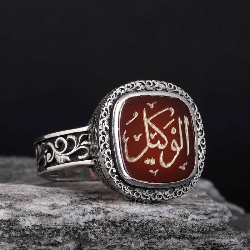 El Vekil Esma’sı El Yazması Erzurum Kalem İşi Gümüş Akik Taşı Yüzük - 1