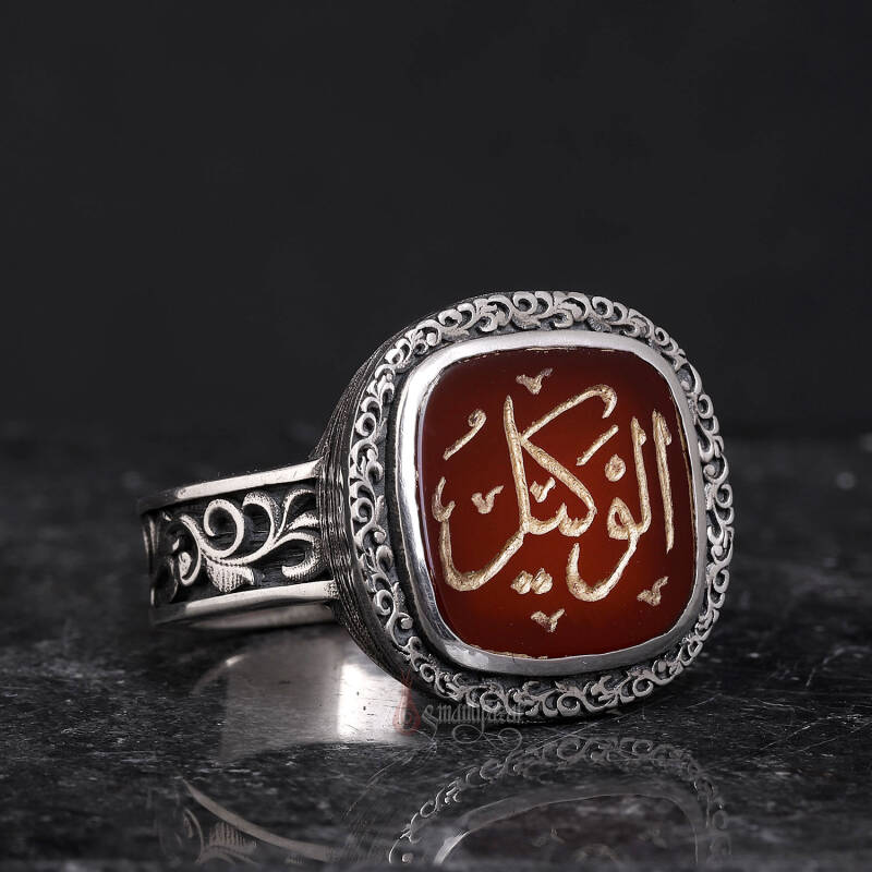 El Vekil Esma’sı El Yazması Erzurum Kalem İşi Gümüş Akik Taşı Yüzük - 3