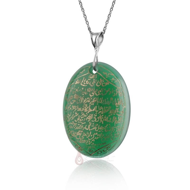 El Yazması Hilye Şerif Yazılı Yeşil Akik Kolye - 5