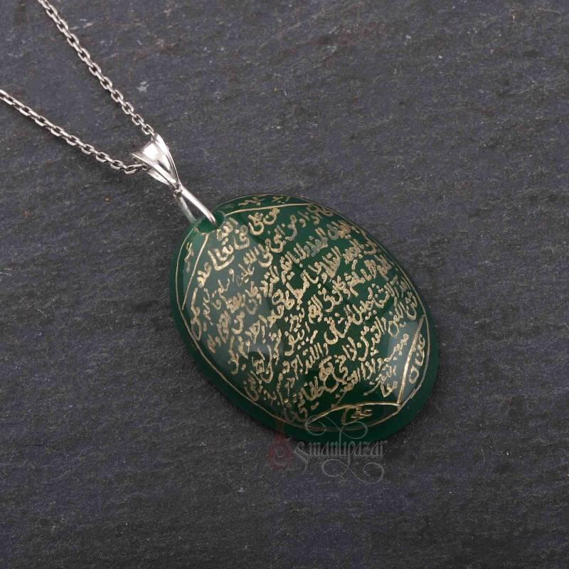 El Yazması Hilye Şerif Yazılı Yeşil Akik Kolye - 4