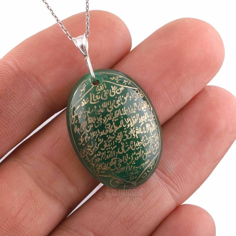 El Yazması Hilye Şerif Yazılı Yeşil Akik Kolye - 3