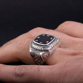 Elde Kazıma İsmi Azam Yazılı Siyah Oniks Taşı El İşçiliği Gümüş Yüzük - 3