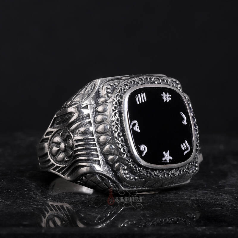 Elde Kazıma İsmi Azam Yazılı Siyah Oniks Taşı El İşçiliği Gümüş Yüzük - 2