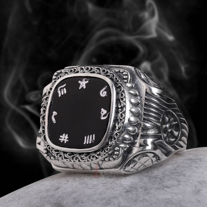 Elde Kazıma İsmi Azam Yazılı Siyah Oniks Taşı El İşçiliği Gümüş Yüzük - 1