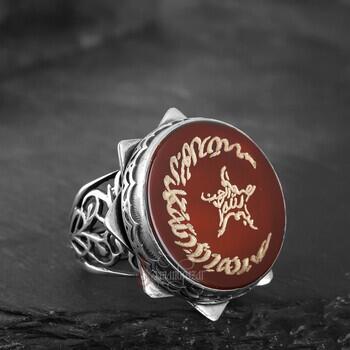 Elde Oyma Sanatı Ay Yıldız Akik Taşı 925 Ayar Gümüş Yüzük - 4