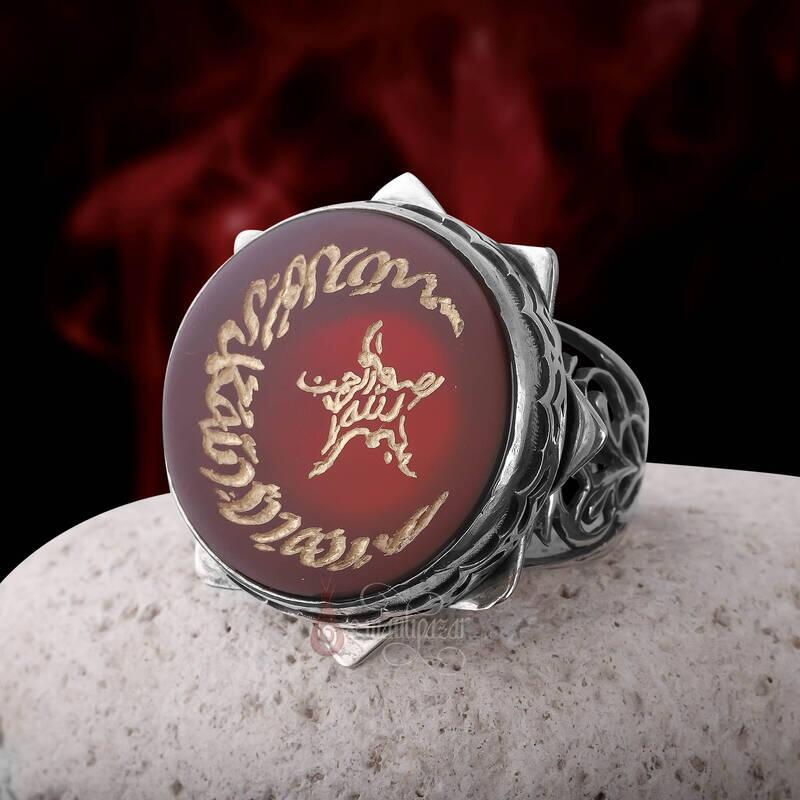 Elde Oyma Sanatı Ay Yıldız Akik Taşı 925 Ayar Gümüş Yüzük - 2