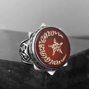 Elde Oyma Sanatı Ay Yıldız Akik Taşı 925 Ayar Gümüş Yüzük - 5