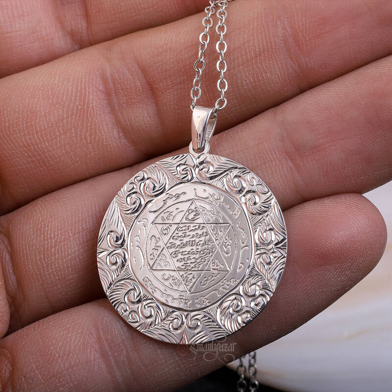 Erzurum Kalem İşi Gravür Oyma Mührü Süleyman Plaka Gümüş Kolye - 3