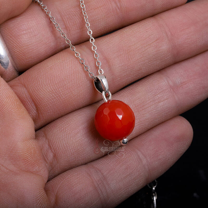 Fasetli Akik Taşı Kolye El İşçiliği Gümüş Kolye - 4