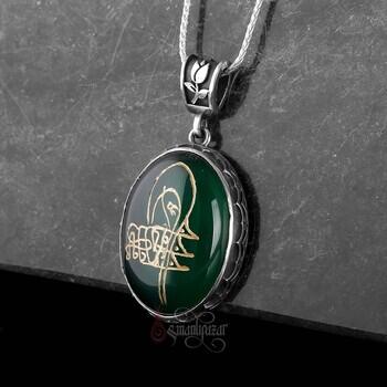 Fatih Sultan Mehmet Tuğralı Yeşil Akik Taşı Gümüş Kolye El Kazıması - Osmanlı Pazar