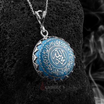 Firuze Taşı Ortası Allah Muhammed Kenarları Nazar Ayeti 925 Ayar Gümüş Kolye - Thumbnail