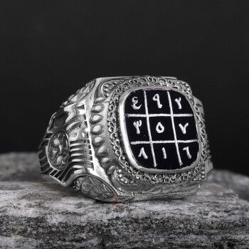 Gazali 3 lü Vefk El Yazması Siyak Akik Taşı Usta İşçiliği Gümüş Yüzük - Osmanlı Pazar