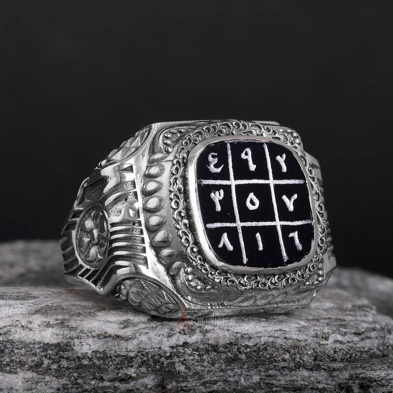 Gazali 3 lü Vefk El Yazması Siyak Akik Taşı Usta İşçiliği Gümüş Yüzük - 1