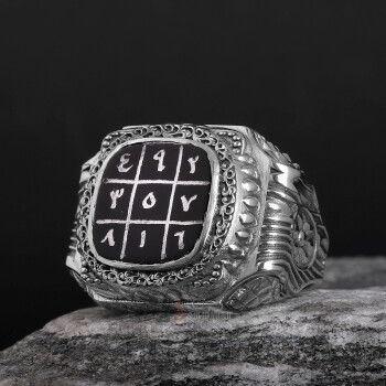 Gazali 3 lü Vefk El Yazması Siyak Akik Taşı Usta İşçiliği Gümüş Yüzük - 3