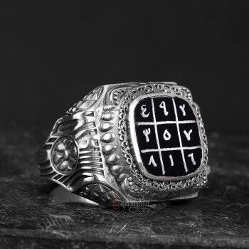 Gazali 3 lü Vefk El Yazması Siyak Akik Taşı Usta İşçiliği Gümüş Yüzük - 4