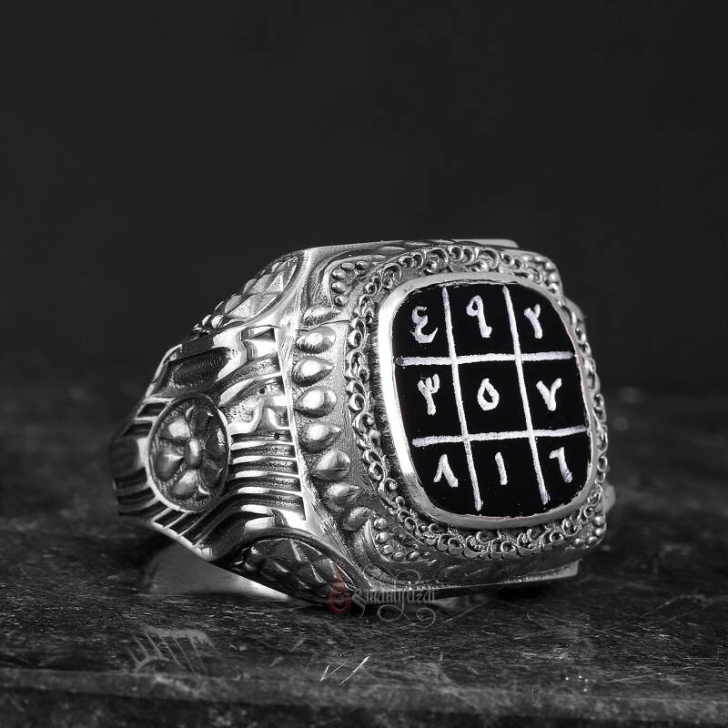 Gazali 3 lü Vefk El Yazması Siyak Akik Taşı Usta İşçiliği Gümüş Yüzük - 4