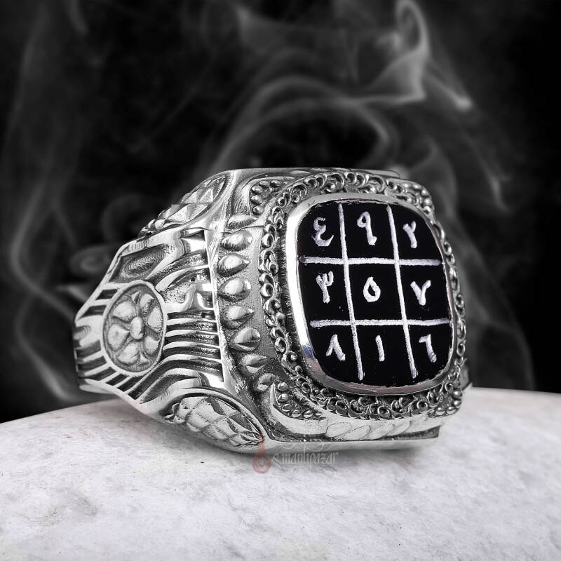 Gazali 3 lü Vefk El Yazması Siyak Akik Taşı Usta İşçiliği Gümüş Yüzük - 2