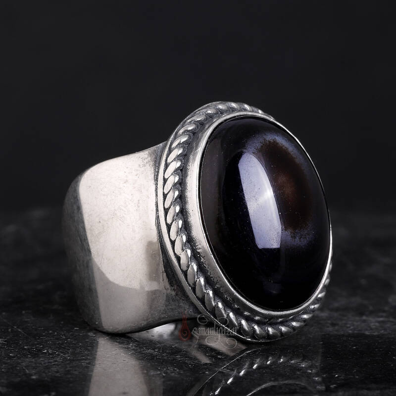 Göz Akik Taşı 925 Ayar Gümüş El İşi Yüzük - 2