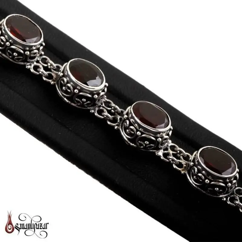 Granat Doğal Taşlı El İşçilği 925 Ayar Gümüş Bileklik - 3