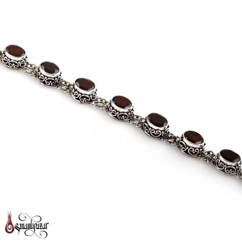Granat Doğal Taşlı El İşçilği 925 Ayar Gümüş Bileklik - 4