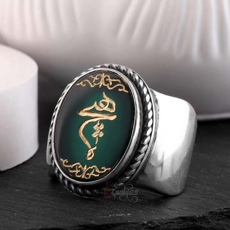Hiç Yazılı Elde Oyma Sanatı Yeşil Akik Taşı Gümüş Yüzük - 2