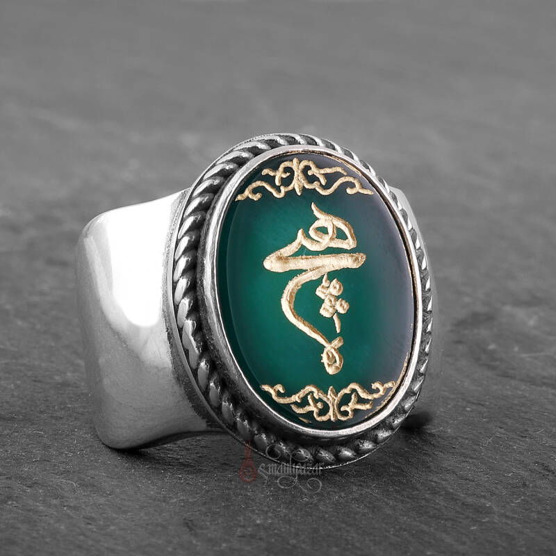 Hiç Yazılı Elde Oyma Sanatı Yeşil Akik Taşı Gümüş Yüzük - 4