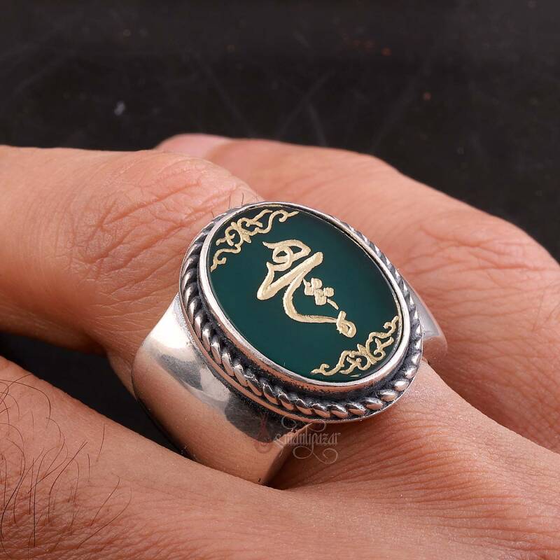 Hiç Yazılı Elde Oyma Sanatı Yeşil Akik Taşı Gümüş Yüzük - 3