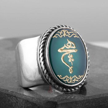 Hiç Yazılı Elde Oyma Sanatı Yeşil Akik Taşı Gümüş Yüzük - 5