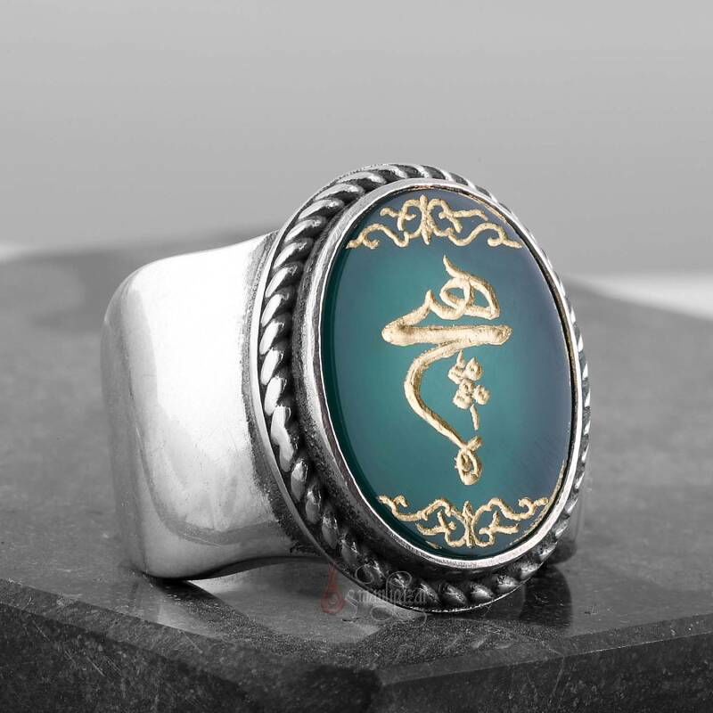 Hiç Yazılı Elde Oyma Sanatı Yeşil Akik Taşı Gümüş Yüzük - 5