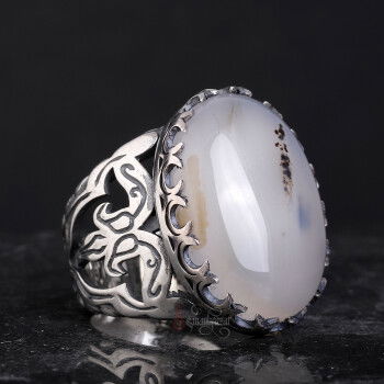 Hilal Motifli Doğal Hareli Yemen Akik El İşçiliği Gümüş Yüzük - 2
